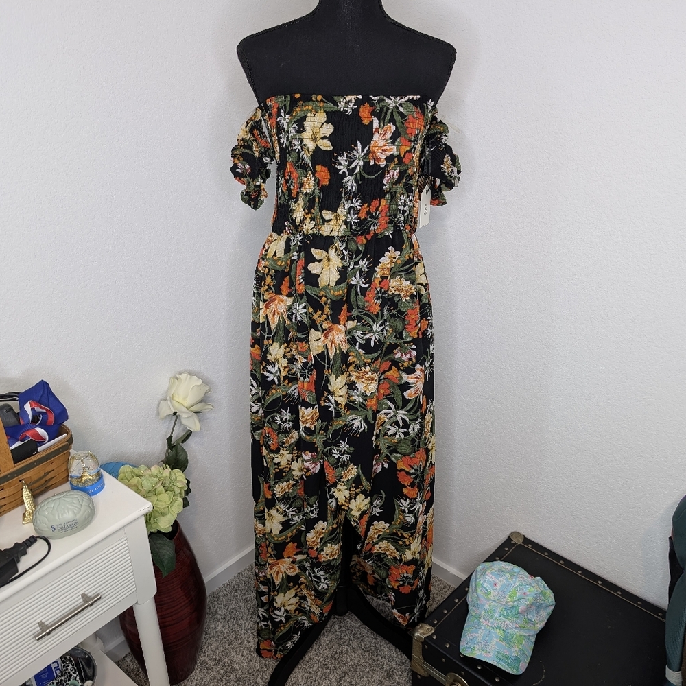 💘 K Too smocked off-the-shoulder floral print midi dress.